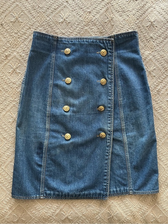 Perry Ellis Dresses & Skirts - Vintage Perry Ellis Denim Wrap Skirt Gold Military Buttons Size 12